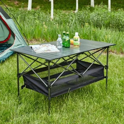 Large Folding Camping Table with Storage Bag, Adjustable Height Aluminum Roll-Up Portable Outdoor Picnic Table for 4-6 People - Lightweight Beach BBQ Table for Camping, Backyard, Tailgating
