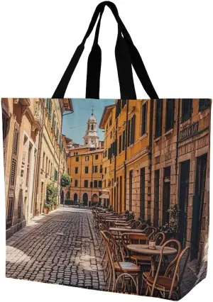 Large Grocery Bags Beach Tote Old Courtyard Cafe Chair City, Rome, Italy Shopping Bag for Women Shoulder Bag for Travel Work Handbag