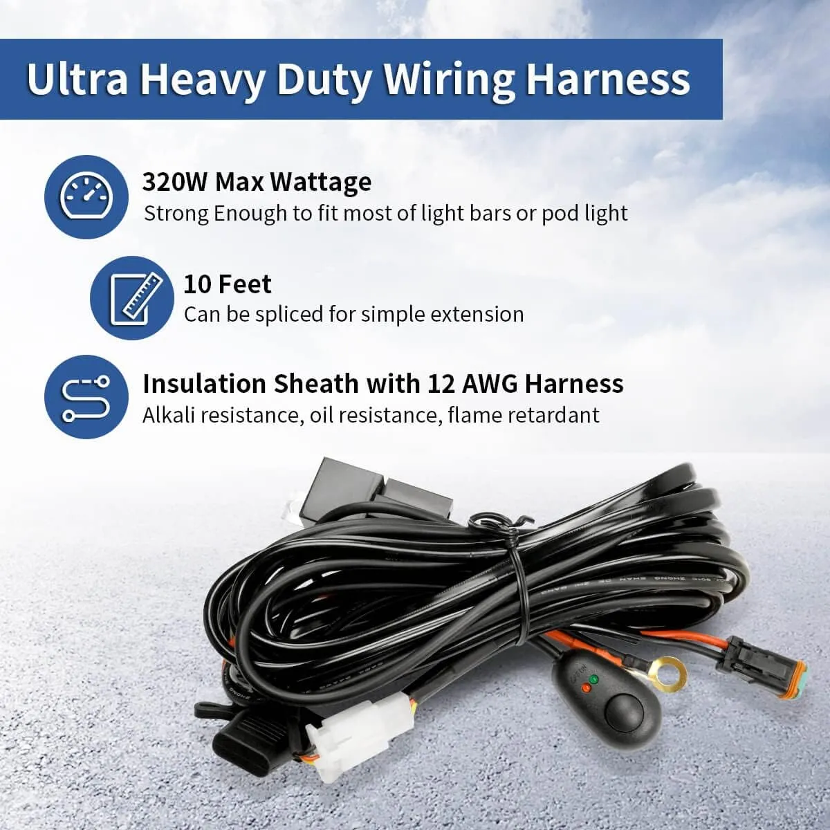 LASFIT 10ft Wiring Harness Kit Led Light Bar 12AWG Heavy Duty 12V On Off Switch Power Relay Blade Fuse for Led Light Bar Pods
