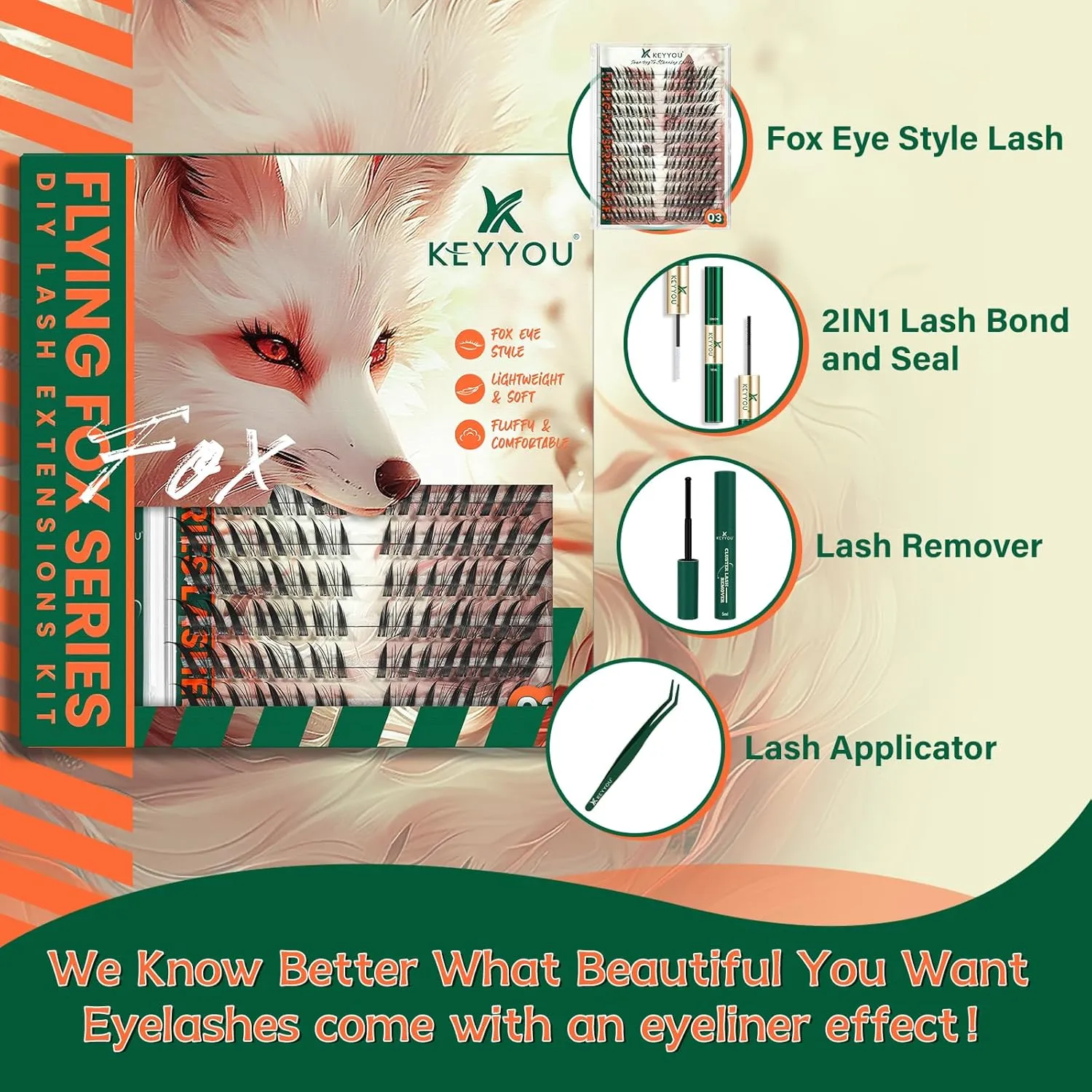 Lash Extension Kit KEYYOU Fox Family Lash Clusters Eyelash Extension Kit with Lash Bond and Seal,Tweezers,Remover for DIY lash extension kit at Home（HX03）