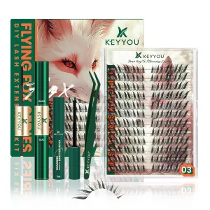 Lash Extension Kit KEYYOU Fox Family Lash Clusters Eyelash Extension Kit with Lash Bond and Seal,Tweezers,Remover for DIY lash extension kit at Home（HX03）