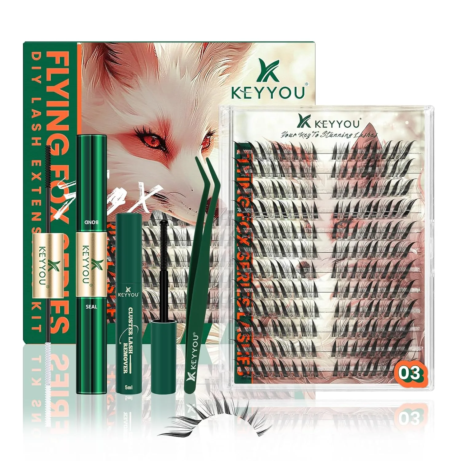 Lash Extension Kit KEYYOU Fox Family Lash Clusters Eyelash Extension Kit with Lash Bond and Seal,Tweezers,Remover for DIY lash extension kit at Home（HX03）