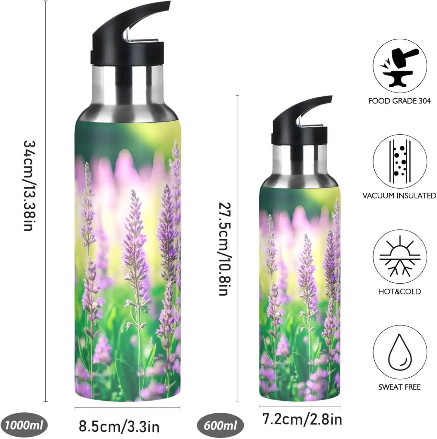 Lavender Fields Sports Water Bottle with Straw, 22oz BPA Free Stainless Steel Vacuum Insulated Bottle for Gym Fitness Outdoor