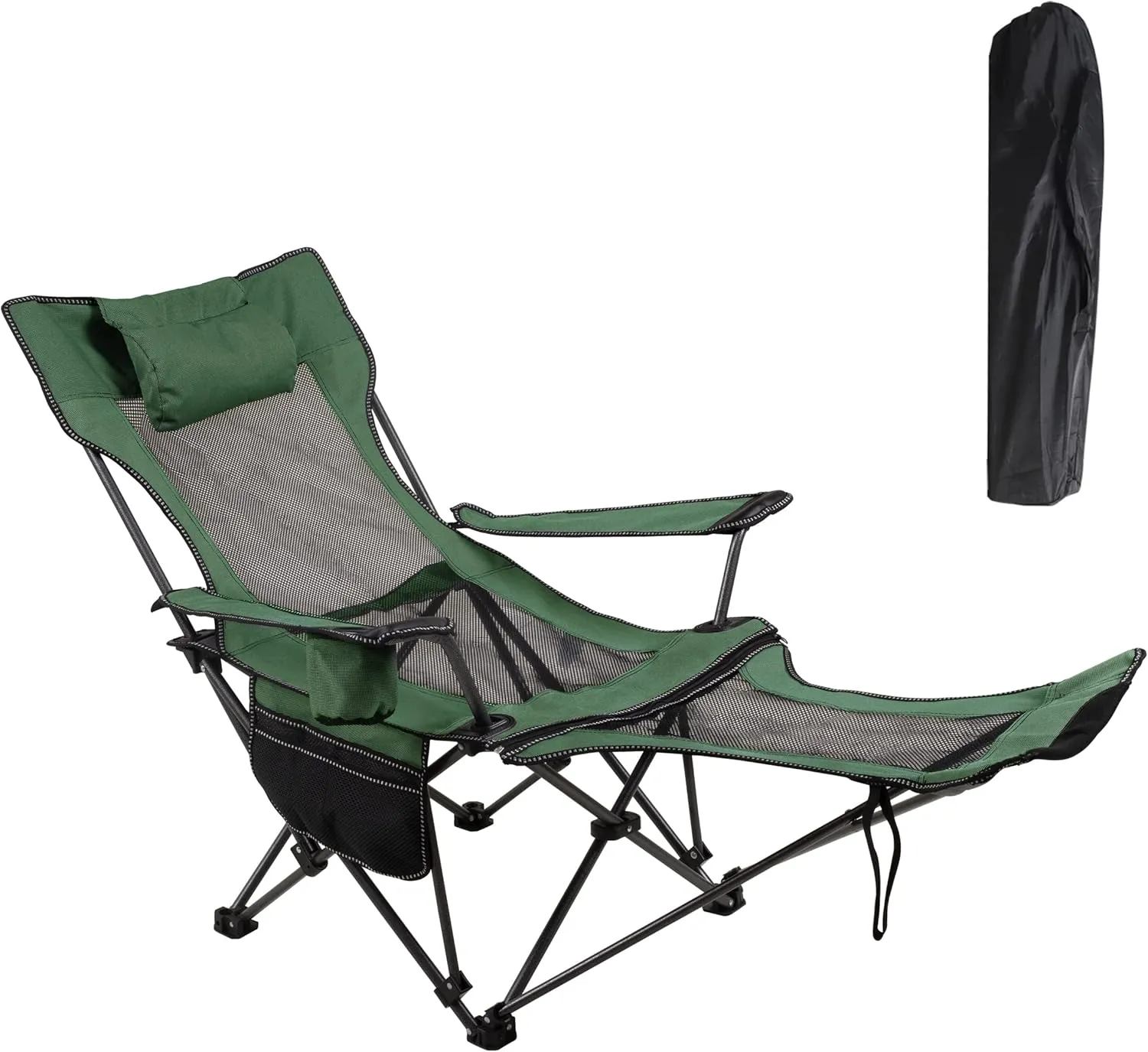 LEADALLWAY Camping Folding Chair with Foot Rest, Collapsible Camp Chair with Cup Holder and Removable Storage Bag, Heavy Duty Beach Chair for Outdoor Camp, Picnic, Travel, Fishing