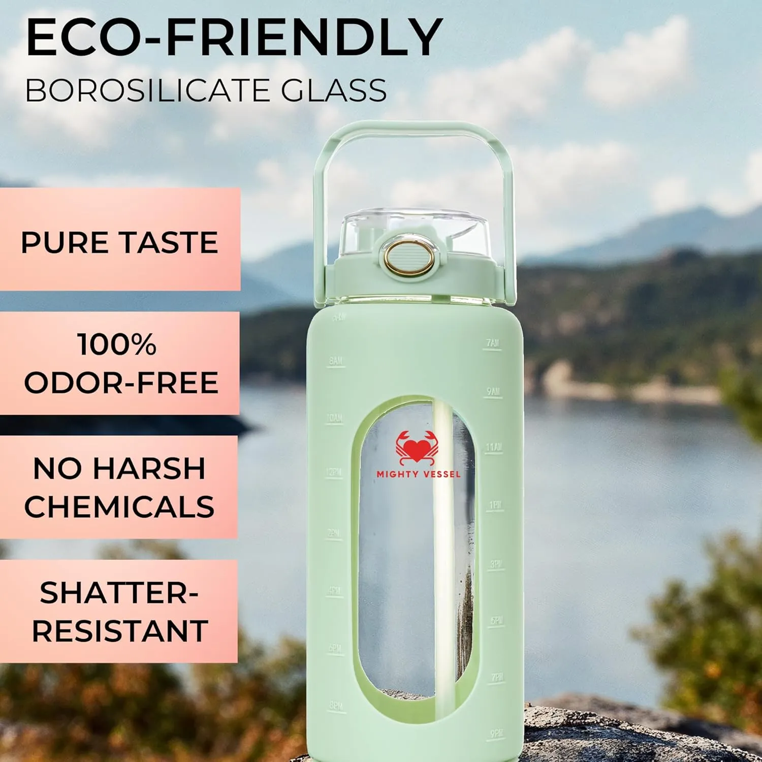 Leakproof 64 oz Glass Water Bottle - Borosilicate Large Glass Water Bottle with Straw, Silicone Sleeve and Time Markers, Half Gallon Jug, Suitable for Travel, Sports, Gym, and Daily Intake