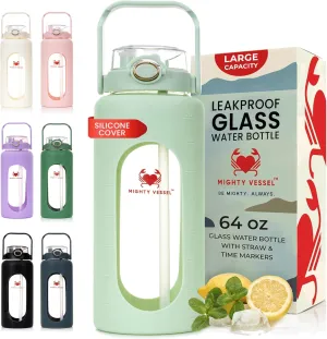 Leakproof 64 oz Glass Water Bottle - Borosilicate Large Glass Water Bottle with Straw, Silicone Sleeve and Time Markers, Half Gallon Jug, Suitable for Travel, Sports, Gym, and Daily Intake