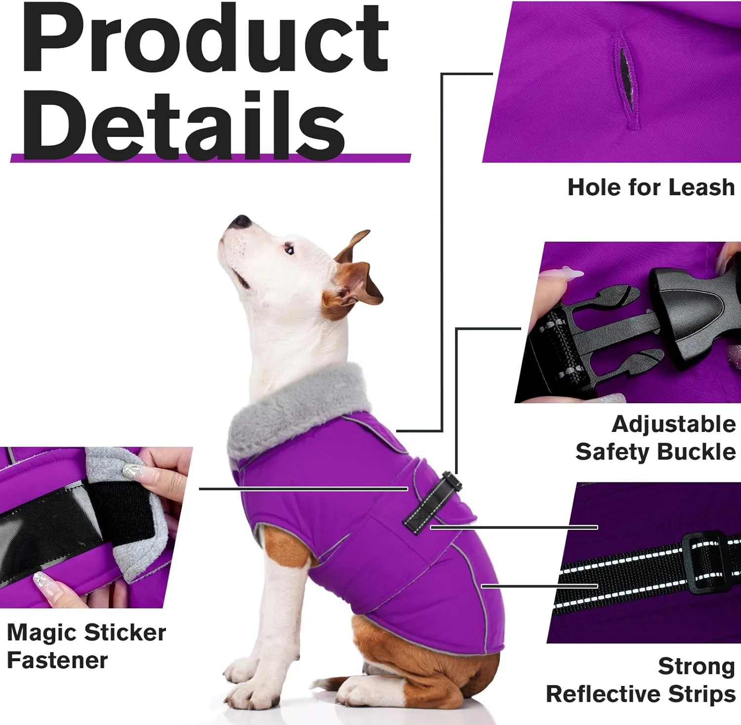 Lelepet Warm Dog Coat Reflective Fleece Vest Waterproof Dog Jacket with Adjustable Buckle Hook & Loop Windproof Cold Weather Coats for Small Medium Large Dogs, Purple, M