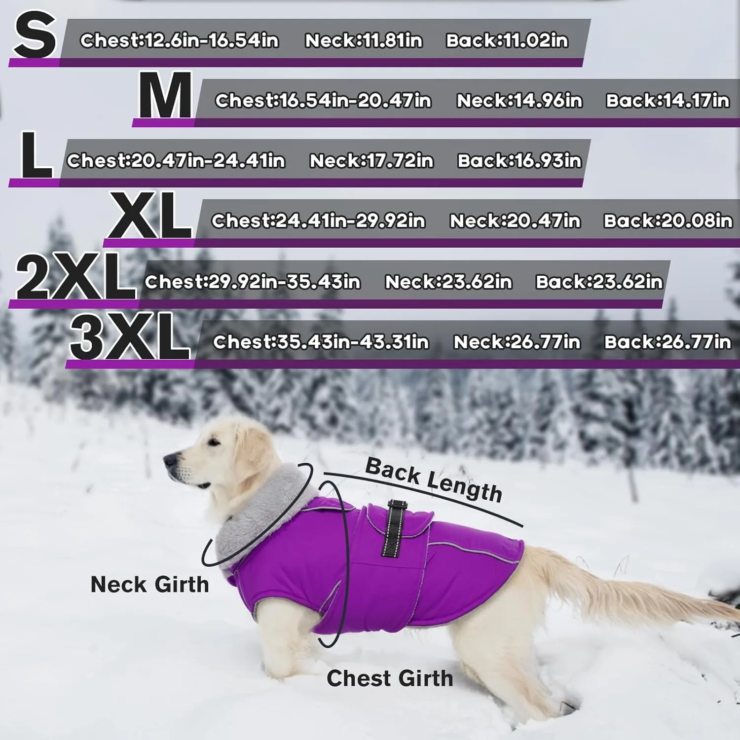 Lelepet Warm Dog Coat Reflective Fleece Vest Waterproof Dog Jacket with Adjustable Buckle Hook & Loop Windproof Cold Weather Coats for Small Medium Large Dogs, Purple, M