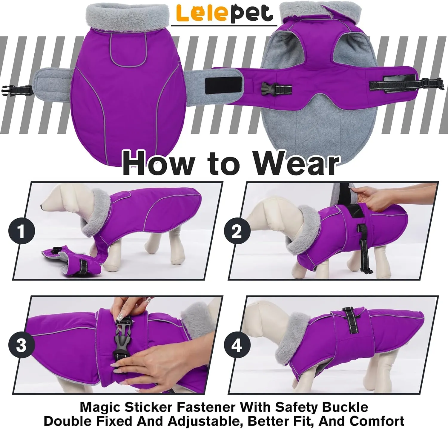 Lelepet Warm Dog Coat Reflective Fleece Vest Waterproof Dog Jacket with Adjustable Buckle Hook & Loop Windproof Cold Weather Coats for Small Medium Large Dogs, Purple, M
