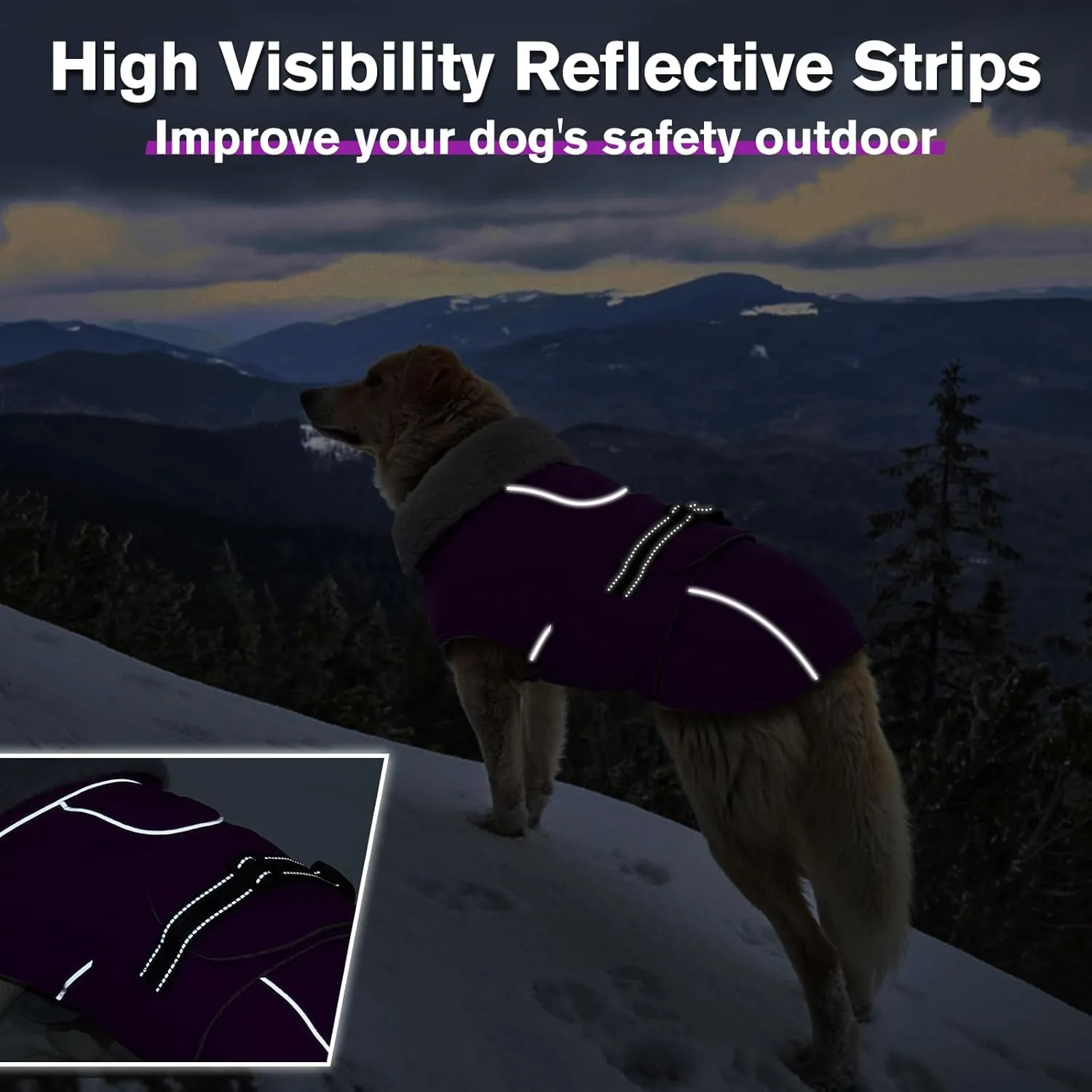 Lelepet Warm Dog Coat Reflective Fleece Vest Waterproof Dog Jacket with Adjustable Buckle Hook & Loop Windproof Cold Weather Coats for Small Medium Large Dogs, Purple, M