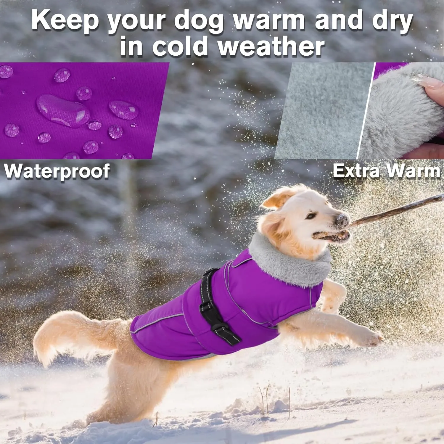 Lelepet Warm Dog Coat Reflective Fleece Vest Waterproof Dog Jacket with Adjustable Buckle Hook & Loop Windproof Cold Weather Coats for Small Medium Large Dogs, Purple, M