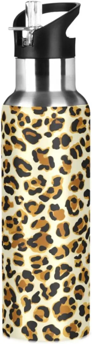 Leopard Print Sports Water Bottle with Straw, 22oz BPA Free Stainless Steel Vacuum Insulated Bottle for Gym Fitness Outdoor