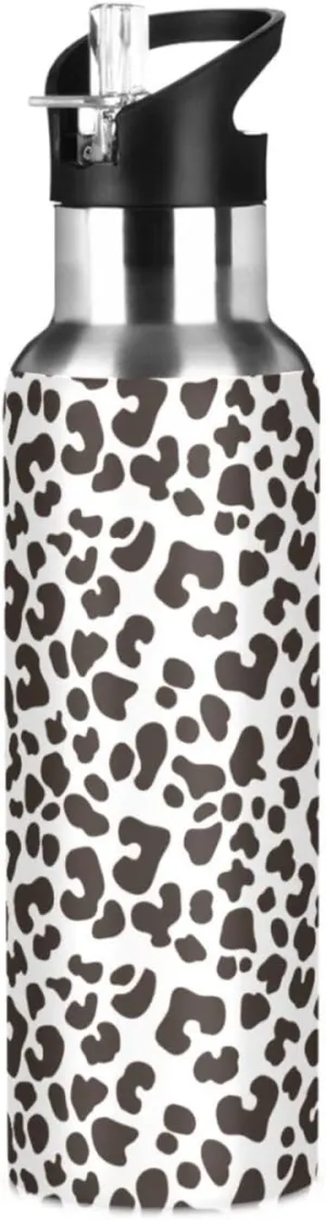 Leopard Print Sports Water Bottle with Straw, 22oz BPA Free Stainless Steel Vacuum Insulated Bottle for Gym Fitness Outdoor
