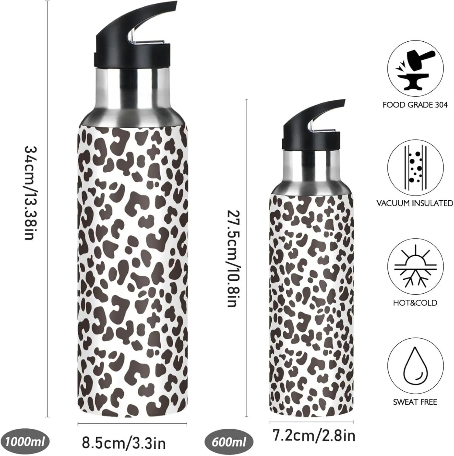Leopard Print Sports Water Bottle with Straw, 22oz BPA Free Stainless Steel Vacuum Insulated Bottle for Gym Fitness Outdoor