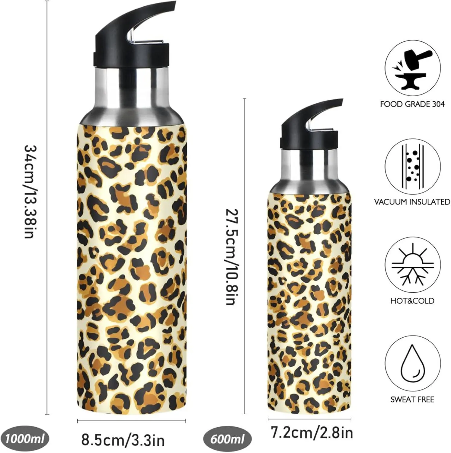 Leopard Print Sports Water Bottle with Straw, 22oz BPA Free Stainless Steel Vacuum Insulated Bottle for Gym Fitness Outdoor