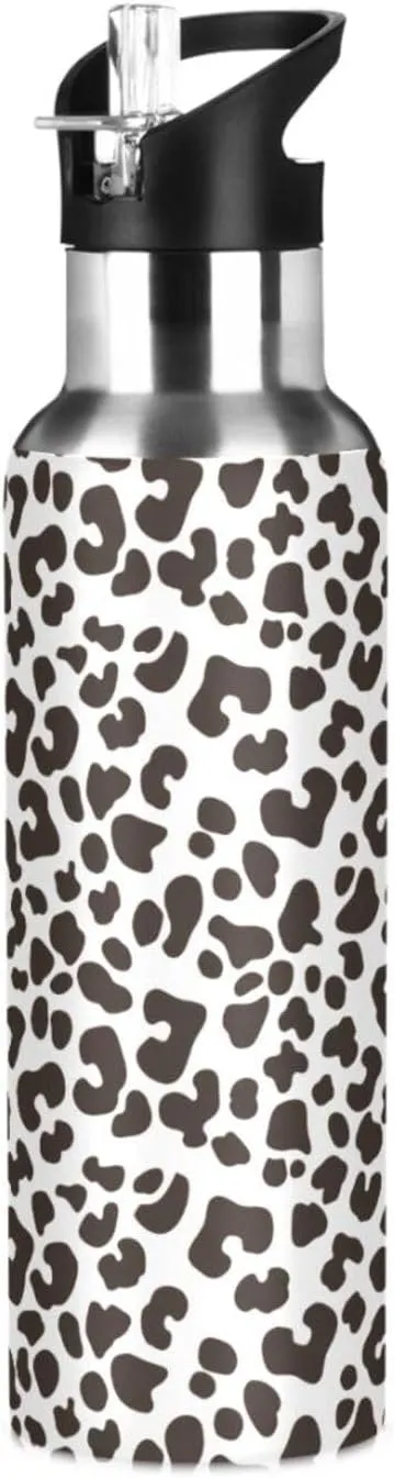 Leopard Print Sports Water Bottle with Straw, 22oz BPA Free Stainless Steel Vacuum Insulated Bottle for Gym Fitness Outdoor