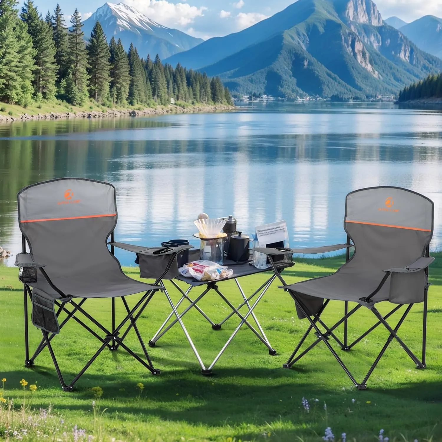 LET'S CAMP Camping Chair 2 Pack Folding Chair with 3-Can Cooler Bag Portable Lawn Chair with Cup Holder,Storage Pocket, Supports 225LBS, Collapsible Chair for Camp, Beach, Picnic (Grey)