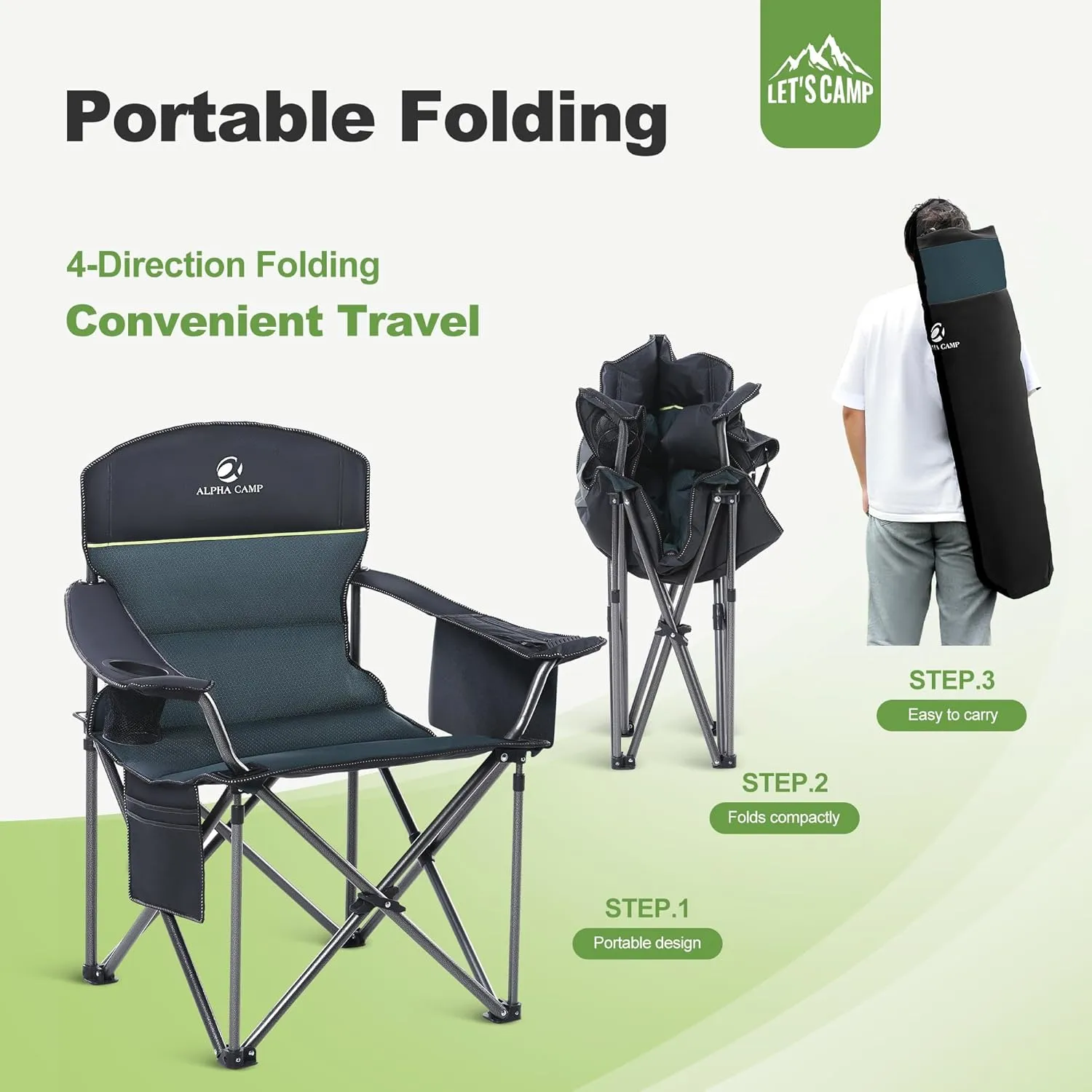 LET'S CAMP Oversized Folding Camping Chair Portable Outdoor Heavy Duty Padded Chairs Lawn Chair with Cup Holder, Storage Pocket and Cooler Bag, Supports 450LBS, for Camp, Travel, Picnic,2 Pack(Green)