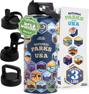 LET'S WANDER National Parks Water Bottle with 3 Lids & 63 Waterproof Stickers - 32oz Leakproof Insulated Stainless Steel with Straw - USA Hiker Gift Bottle (Blue)