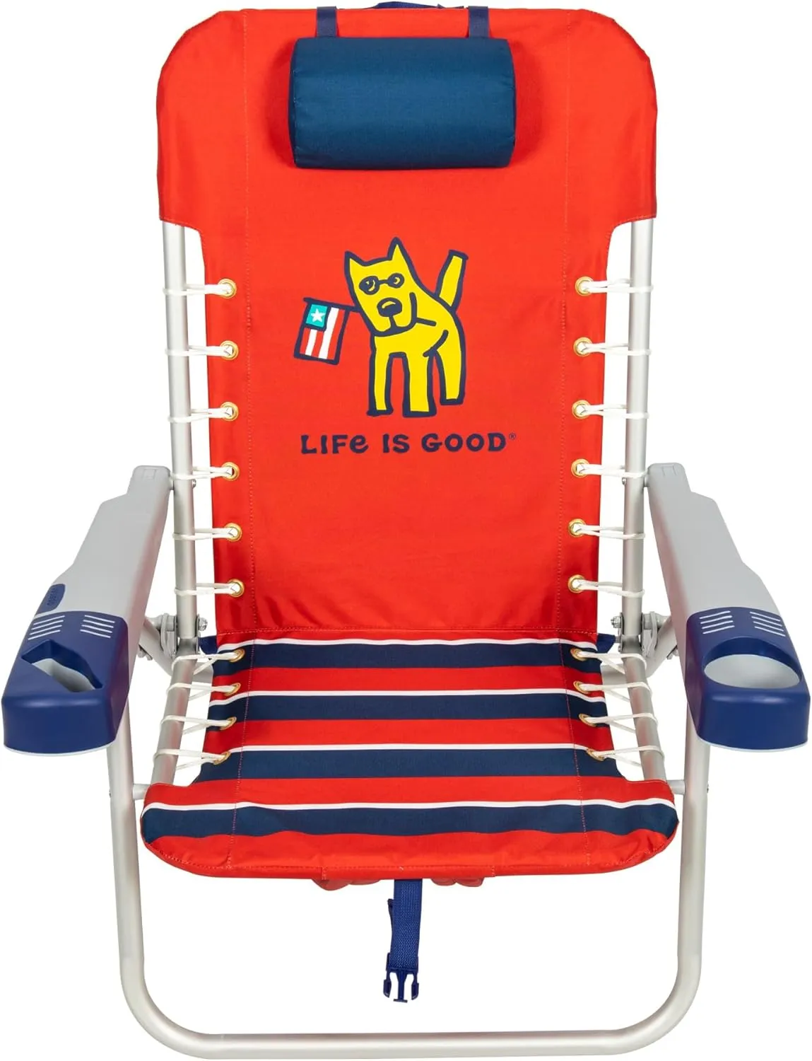 Life is Good 4-Position Lace-up Backpack Beach Chair with Pillow, Cup and Phone Holder, Faded Red