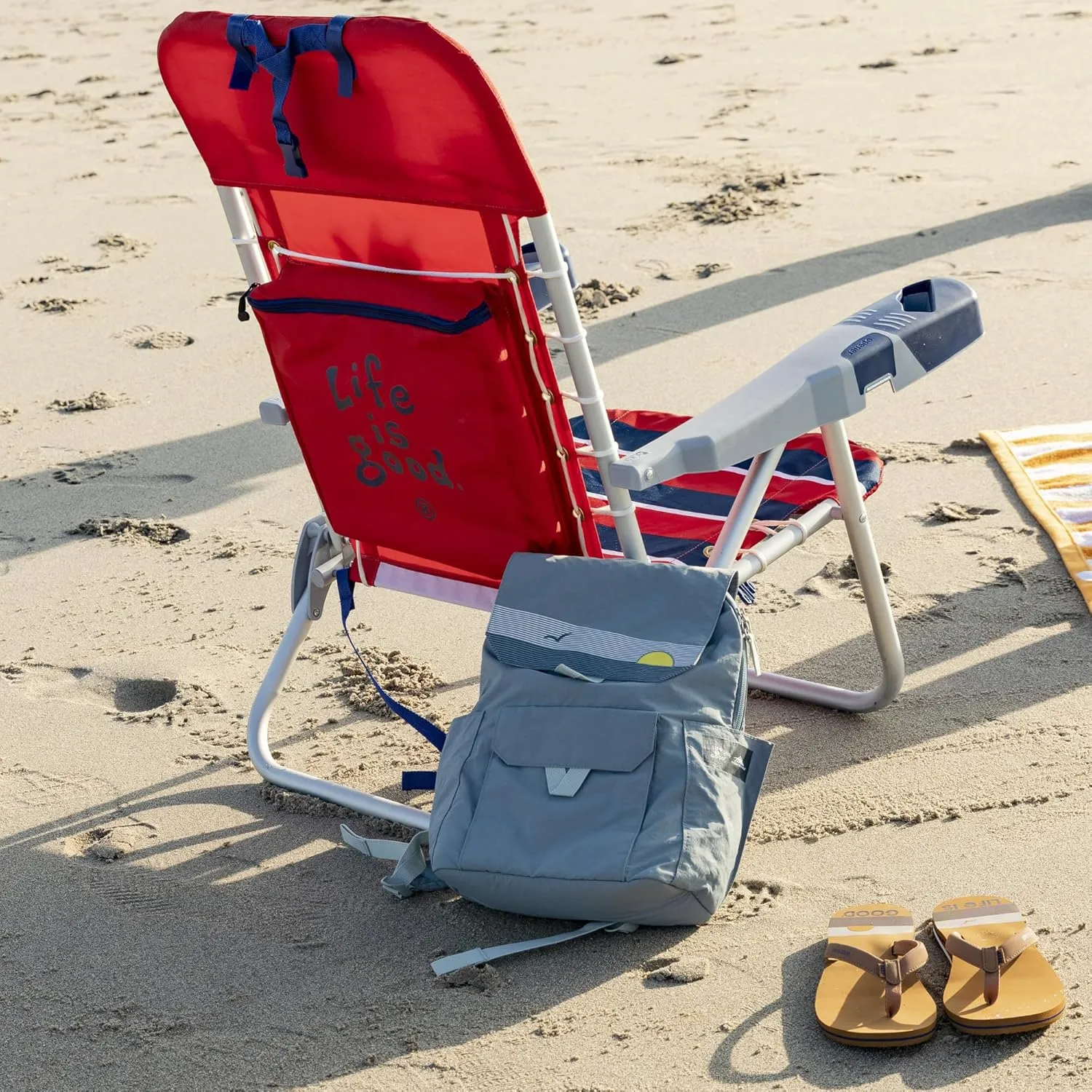 Life is Good 4-Position Lace-up Backpack Beach Chair with Pillow, Cup and Phone Holder, Faded Red