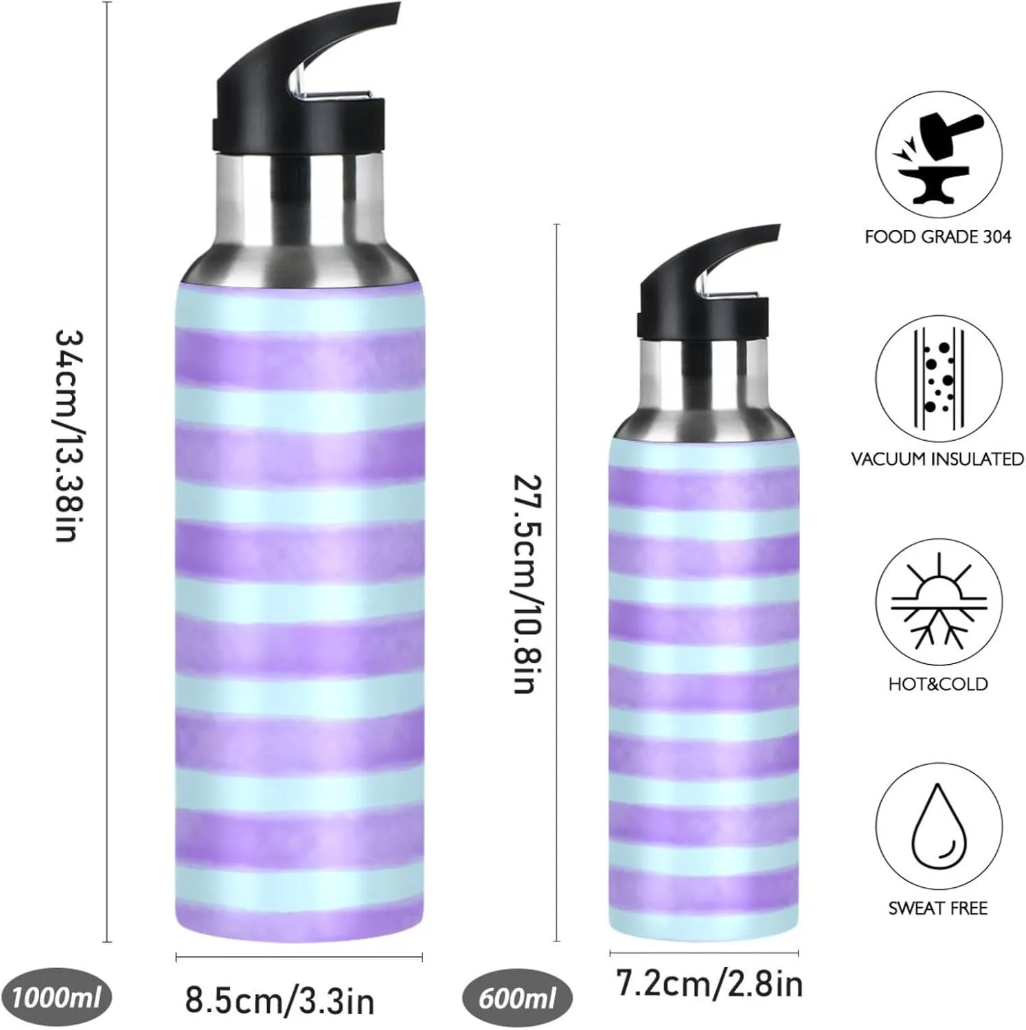Light Stripe Sports Water Bottle with Straw, 22oz BPA Free Stainless Steel Vacuum Insulated Bottle for Gym Fitness Outdoor