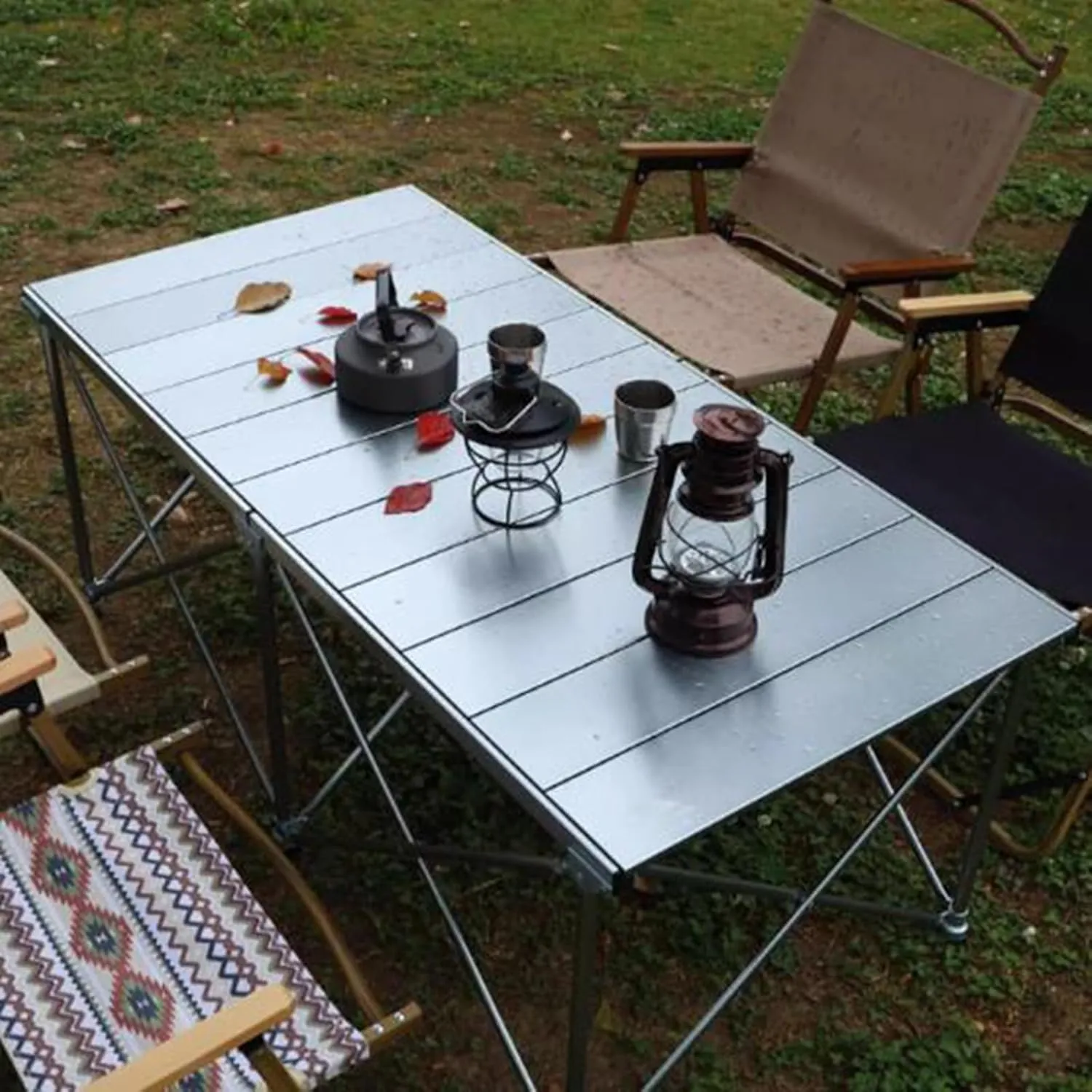 Lightweight Camping Table Portable Picnic Table Aluminum Folding Camping Table Roll Up Desktop for Outdoor Camping Hiking, Silver