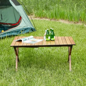 Lightweight Folding Outdoor Table for Camping and Picnics, Portable Roll-up Aluminum Rectangle Table, Sturdy Design, Brown
