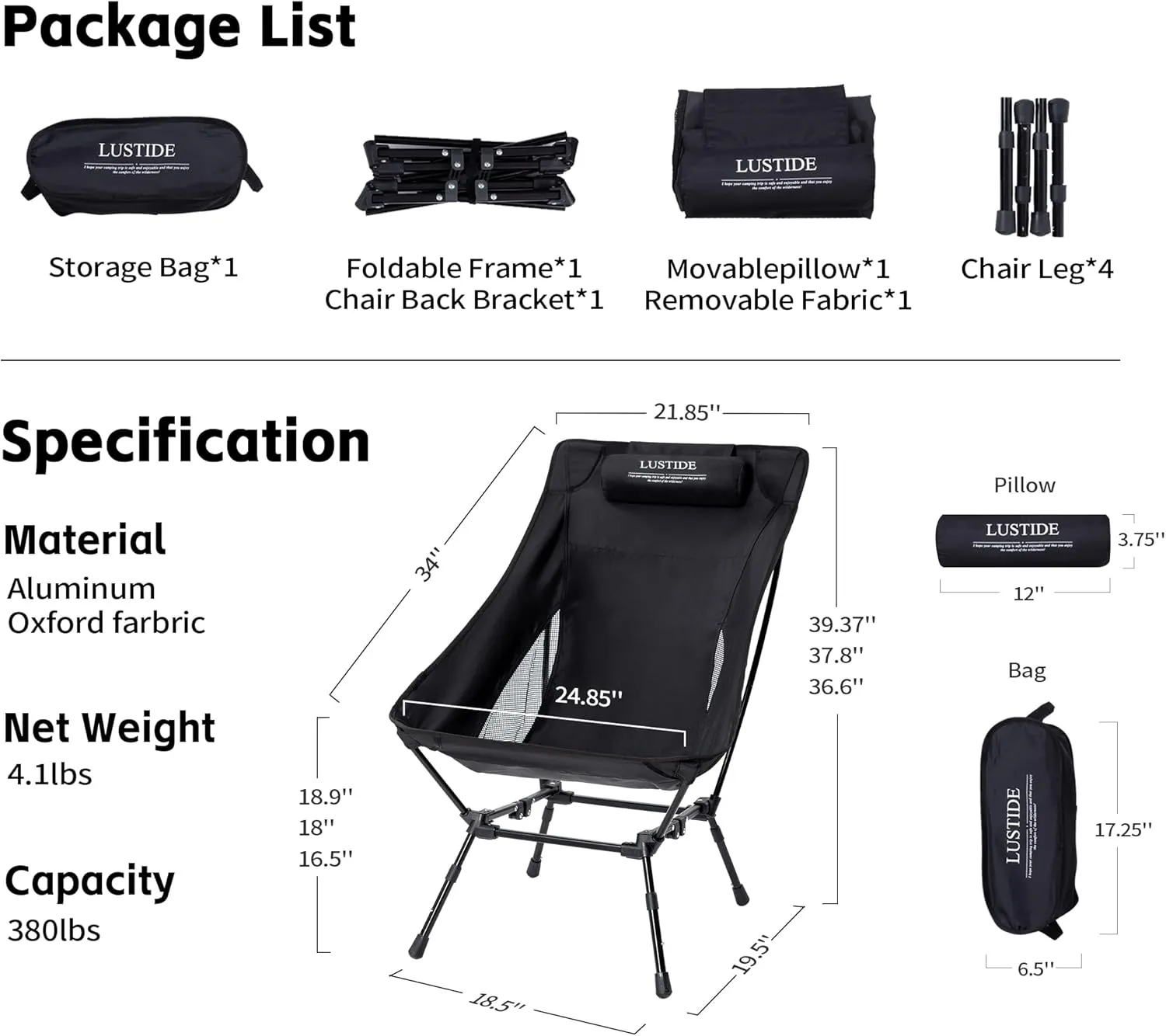 Lightweight Heavy Duty Camp Chair, 380lb Capacity High-Back Headrest, Durable Aluminum Frame, 3-Way Adjustable Legs, Quick-Fold Compact Bag, Stable Square Base for Camping, Beach, Hiking, Tailgating