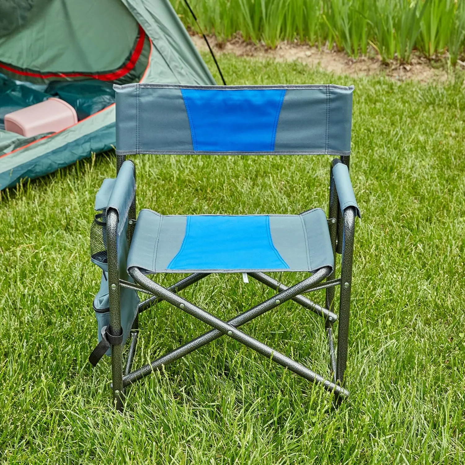 Lightweight Oversized Padded Folding Chair with Storage Pocket for Outdoor Activities, Durable Steel Frame, Blue/Grey