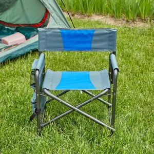Lightweight Oversized Padded Folding Chair with Storage Pocket for Outdoor Activities, Durable Steel Frame, Blue/Grey