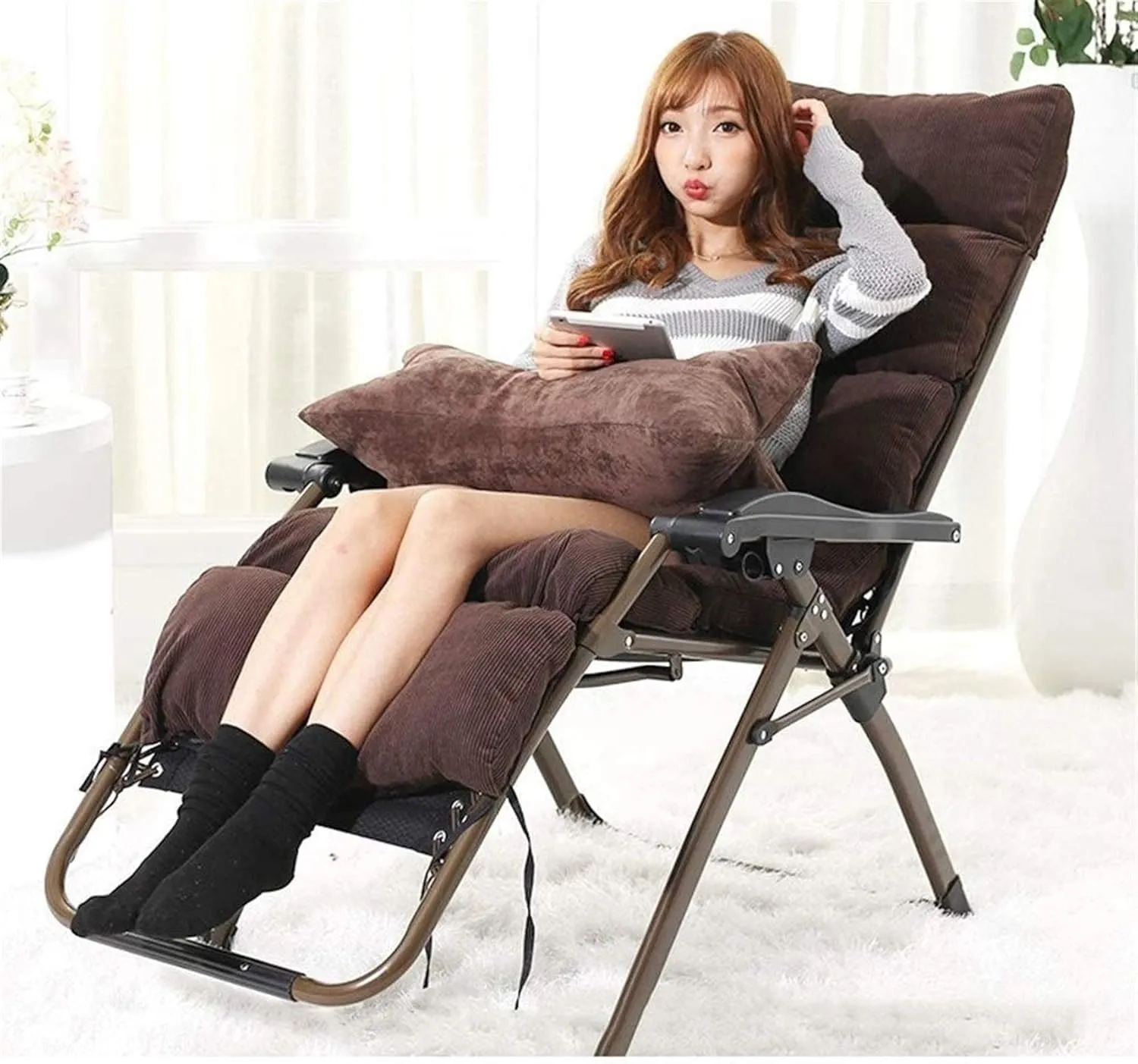 Lightweight Zero Gravity Patio Lounger Chair Oversized Outdoor Folding Sun Deck Reclining Garden Home Lounge with Cotton PadSupport 260kg Vision