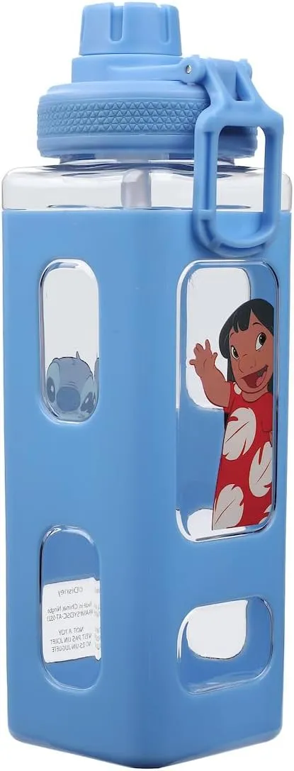 Lilo & Stitch Waving Characters 24 oz Blue Square Plastic Water Bottle