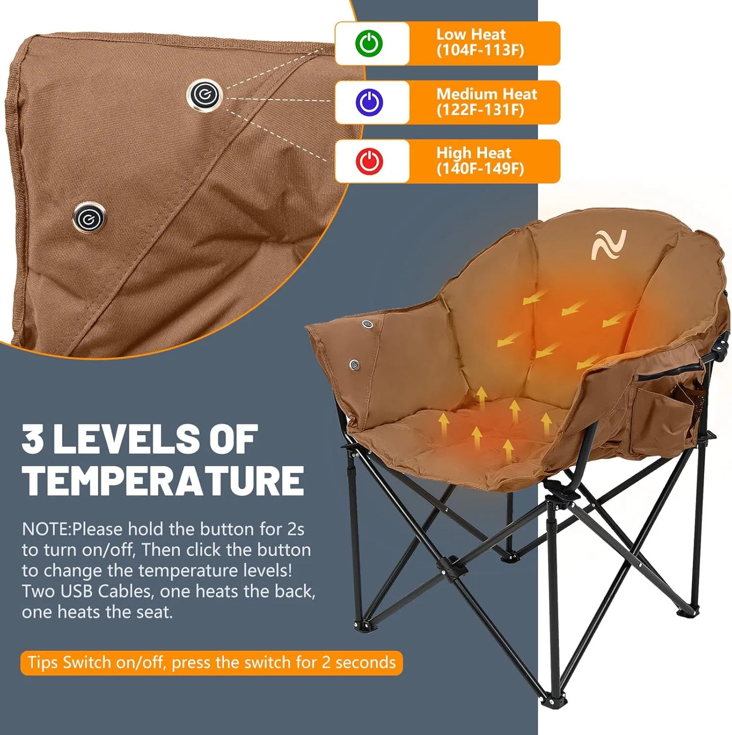 LILYPELLE Oversized Heated Camping Chair, Patio Lounge Chairs with 3 Heat Levels, Portable Folding Heated Chair Round Moon Saucer Folding Lawn Chair Outdoor Chair for Camping, Lounge Patio