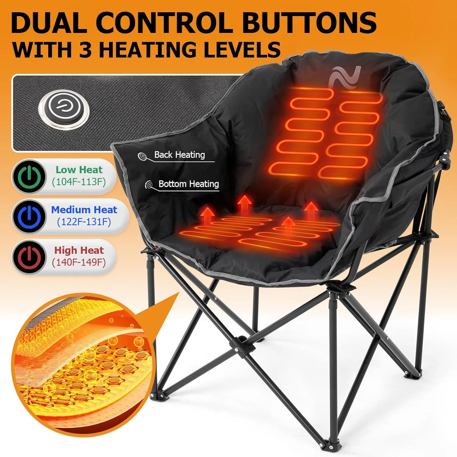 LILYPELLE Oversized Heated Camping Chair, Patio Lounge Chairs with 3 Heat Levels, Portable Folding Heated Chair Round Moon Saucer Folding Lawn Chair Outdoor Chair for Camping, Lounge Patio