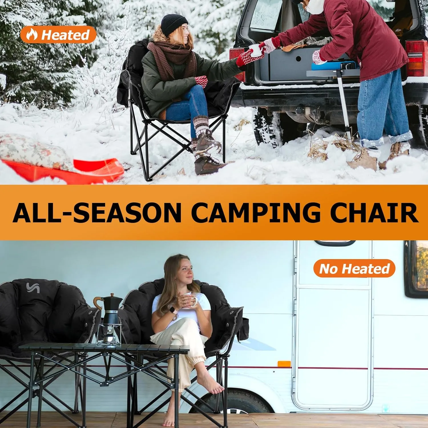 LILYPELLE Oversized Heated Camping Chair, Patio Lounge Chairs with 3 Heat Levels, Portable Folding Heated Chair Round Moon Saucer Folding Lawn Chair Outdoor Chair for Camping, Lounge Patio