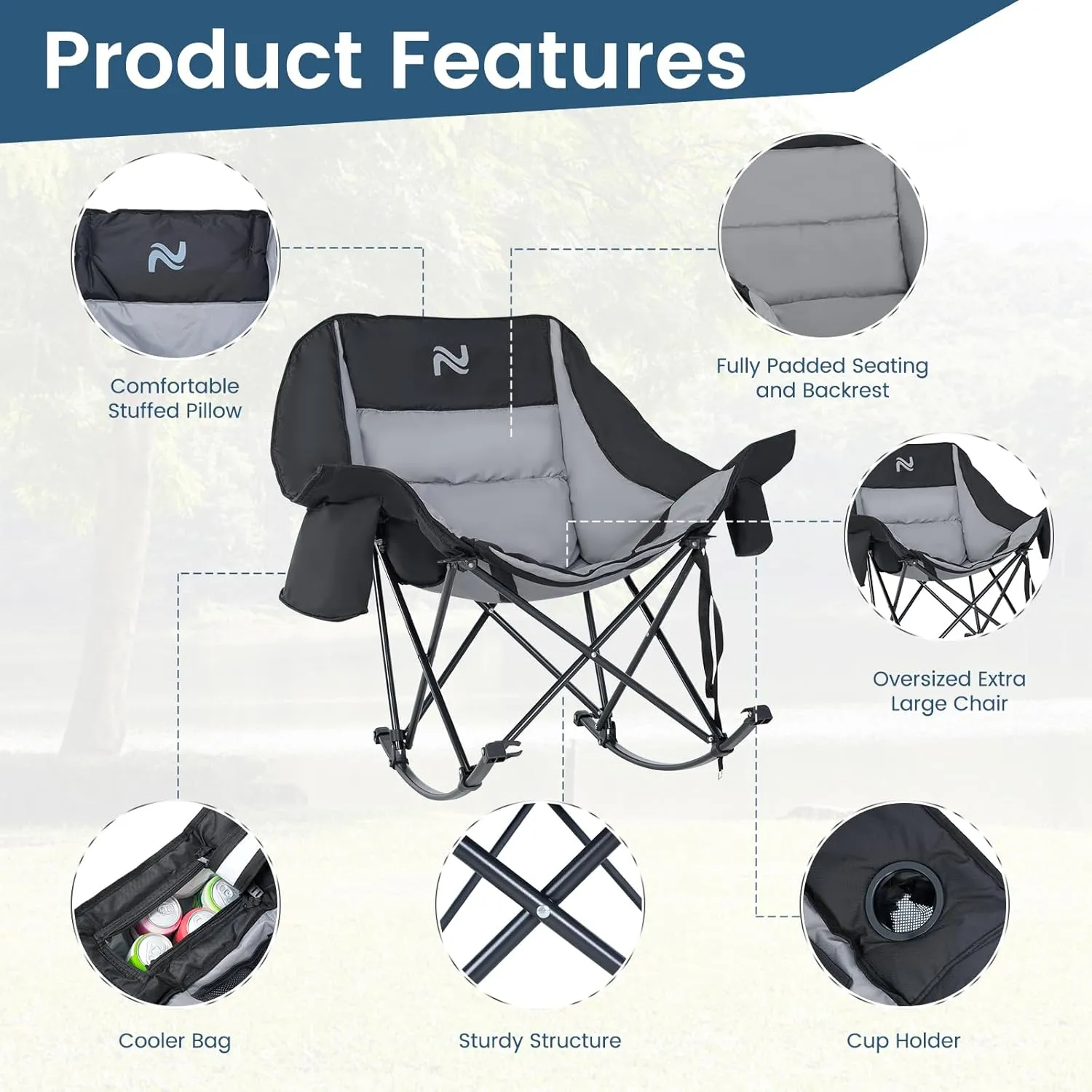 LILYPELLE Oversized Rocking Camping Chair, Fully Padded Patio Chair with Cooler Bag and Side Pocket, High Back Portable Lawn Recliner Rocker Chairs for Camp, Patio, Supports 400 lbs