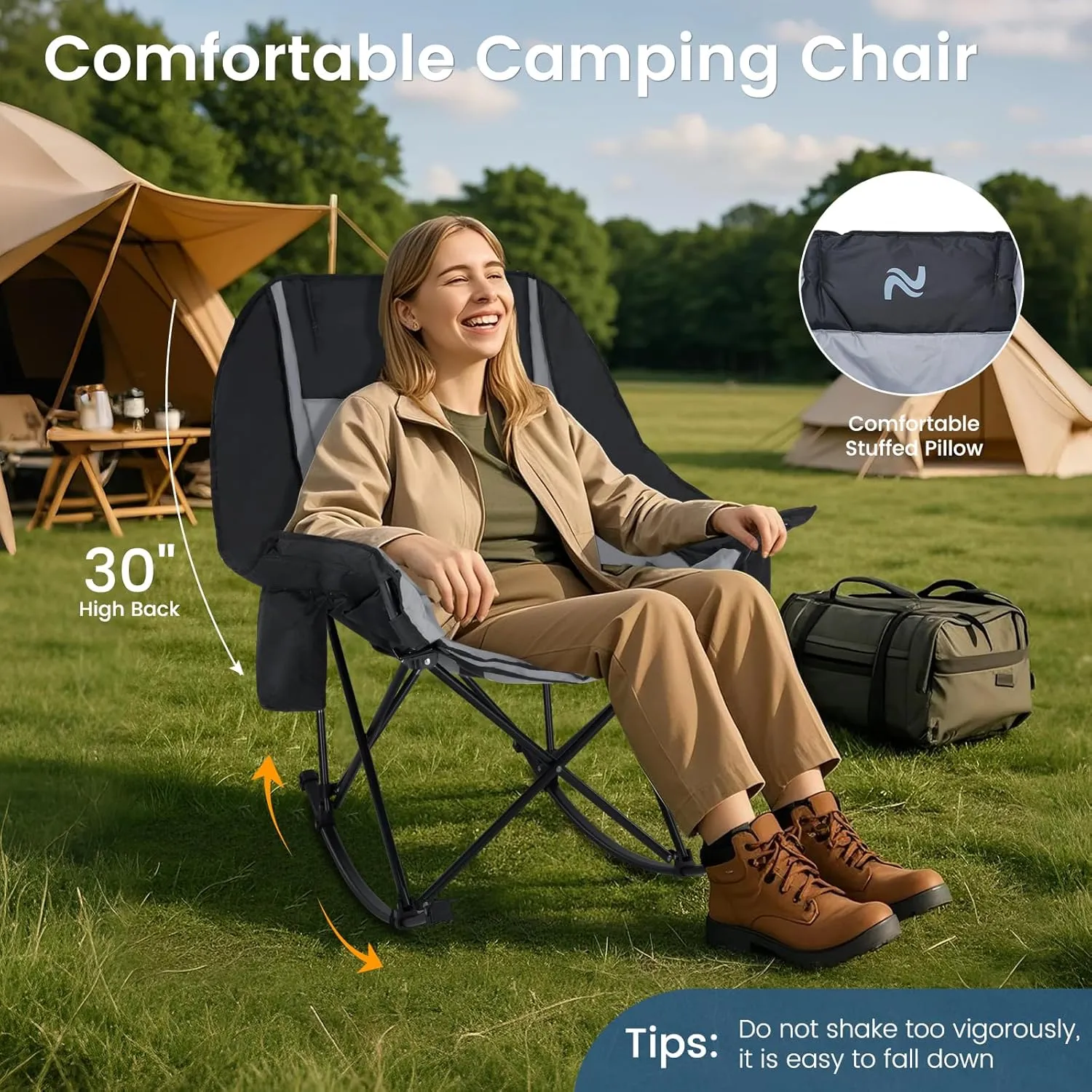 LILYPELLE Oversized Rocking Camping Chair, Fully Padded Patio Chair with Cooler Bag and Side Pocket, High Back Portable Lawn Recliner Rocker Chairs for Camp, Patio, Supports 400 lbs
