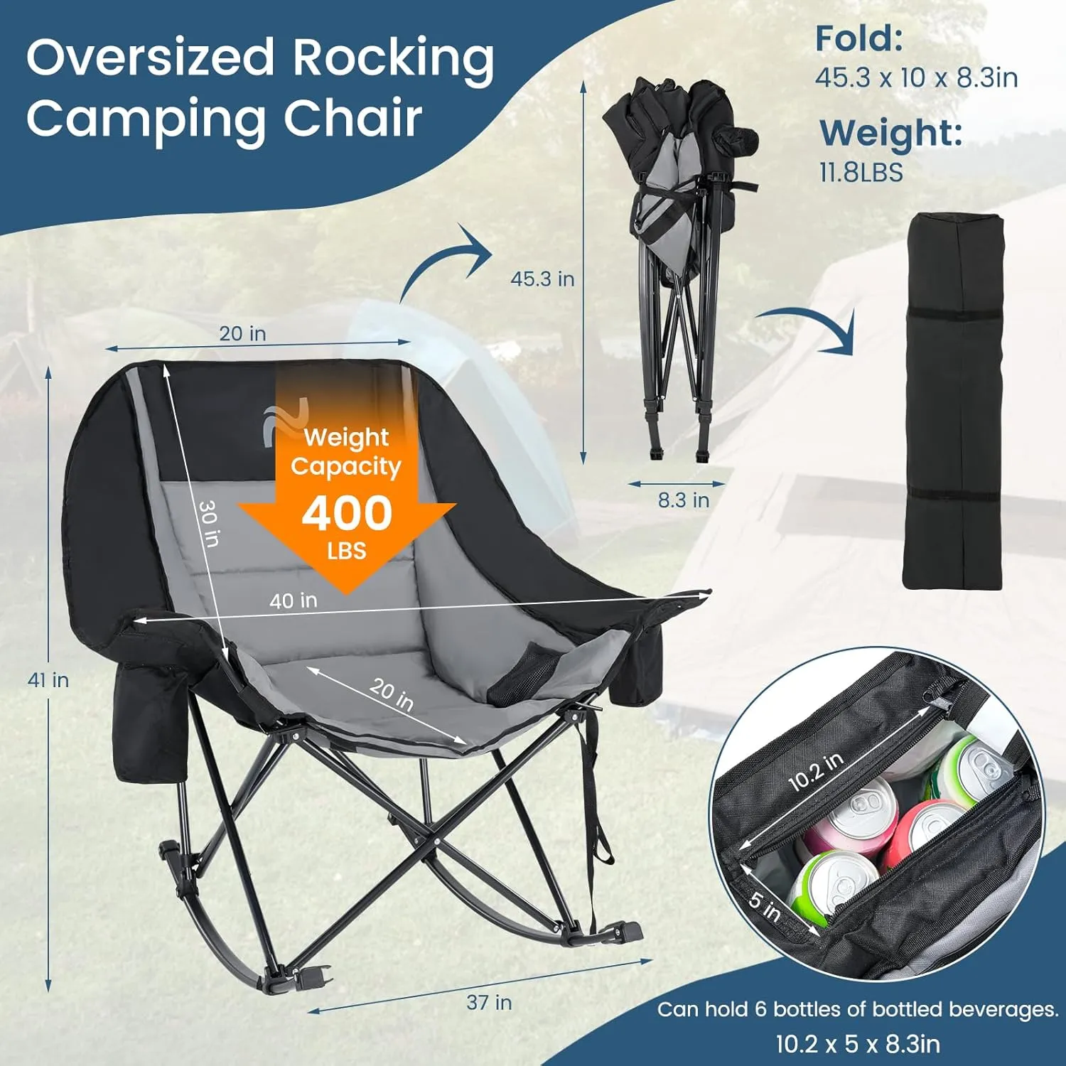 LILYPELLE Oversized Rocking Camping Chair, Fully Padded Patio Chair with Cooler Bag and Side Pocket, High Back Portable Lawn Recliner Rocker Chairs for Camp, Patio, Supports 400 lbs