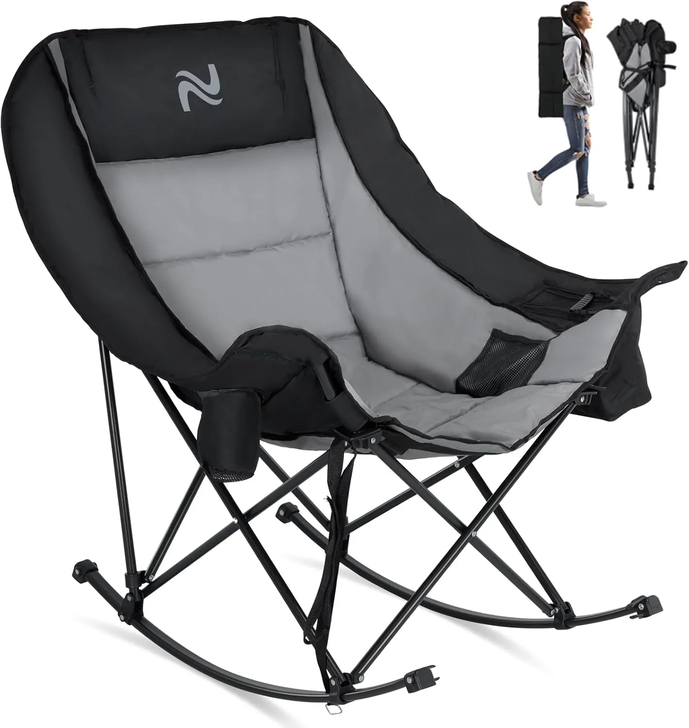 LILYPELLE Oversized Rocking Camping Chair, Fully Padded Patio Chair with Cooler Bag and Side Pocket, High Back Portable Lawn Recliner Rocker Chairs for Camp, Patio, Supports 400 lbs