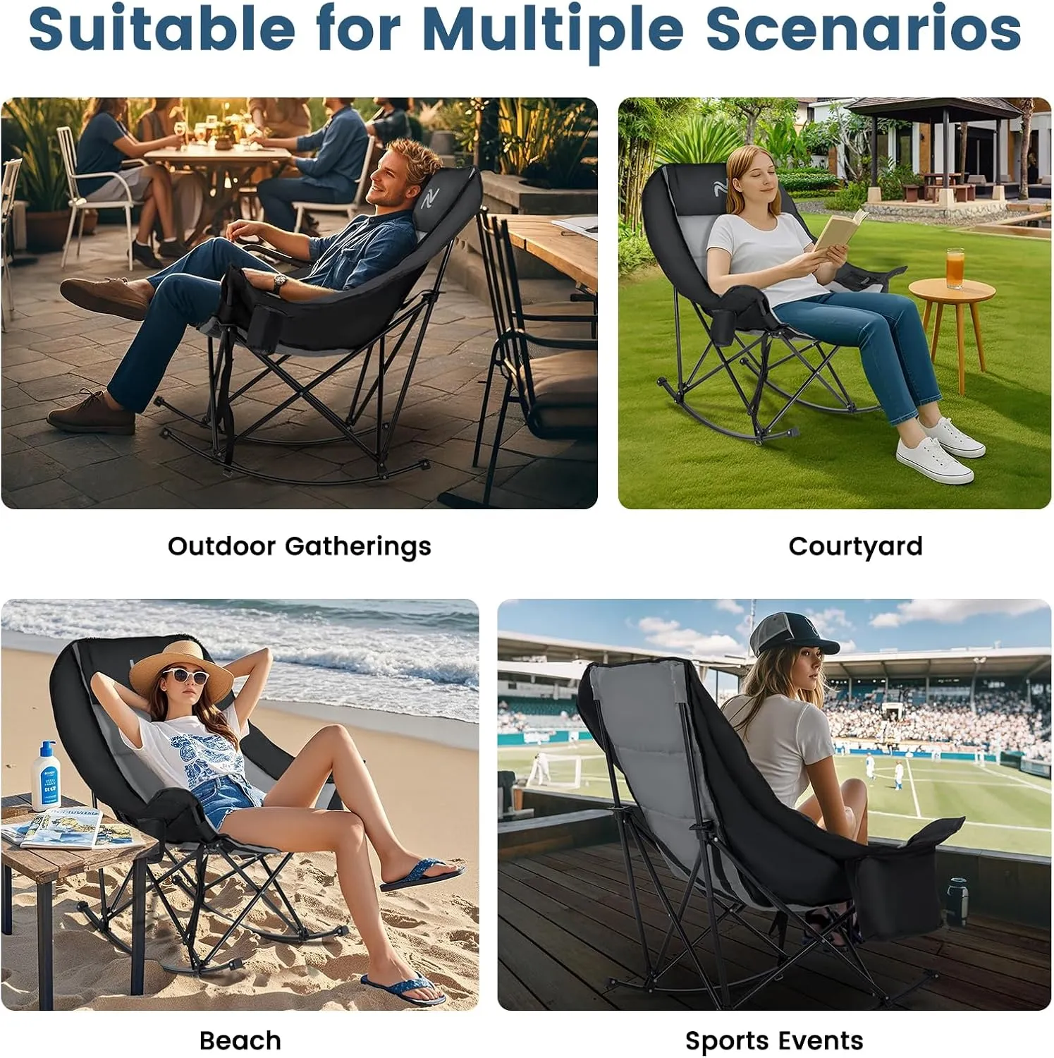 LILYPELLE Oversized Rocking Camping Chair, Fully Padded Patio Chair with Cooler Bag and Side Pocket, High Back Portable Lawn Recliner Rocker Chairs for Camp, Patio, Supports 400 lbs