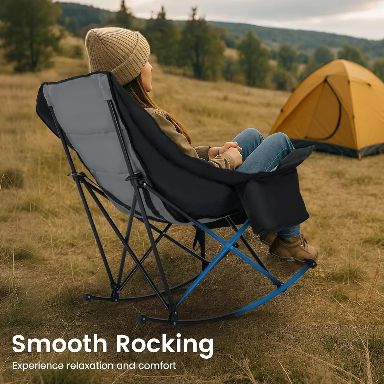 LILYPELLE Oversized Rocking Camping Chair, Fully Padded Patio Chair with Cooler Bag and Side Pocket, High Back Portable Lawn Recliner Rocker Chairs for Camp, Patio, Supports 400 lbs
