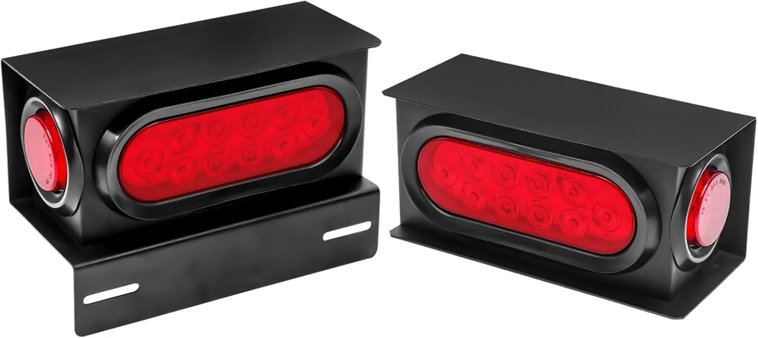 LIMICAR Trailer Lights Welded Mount Steel Boxes Housing Kit w/6 inch LED Oval Tail Lights & 2 inch LED Red Round Side Lights w/Grommets Wire Pigtails Connectors (Pack of 2)