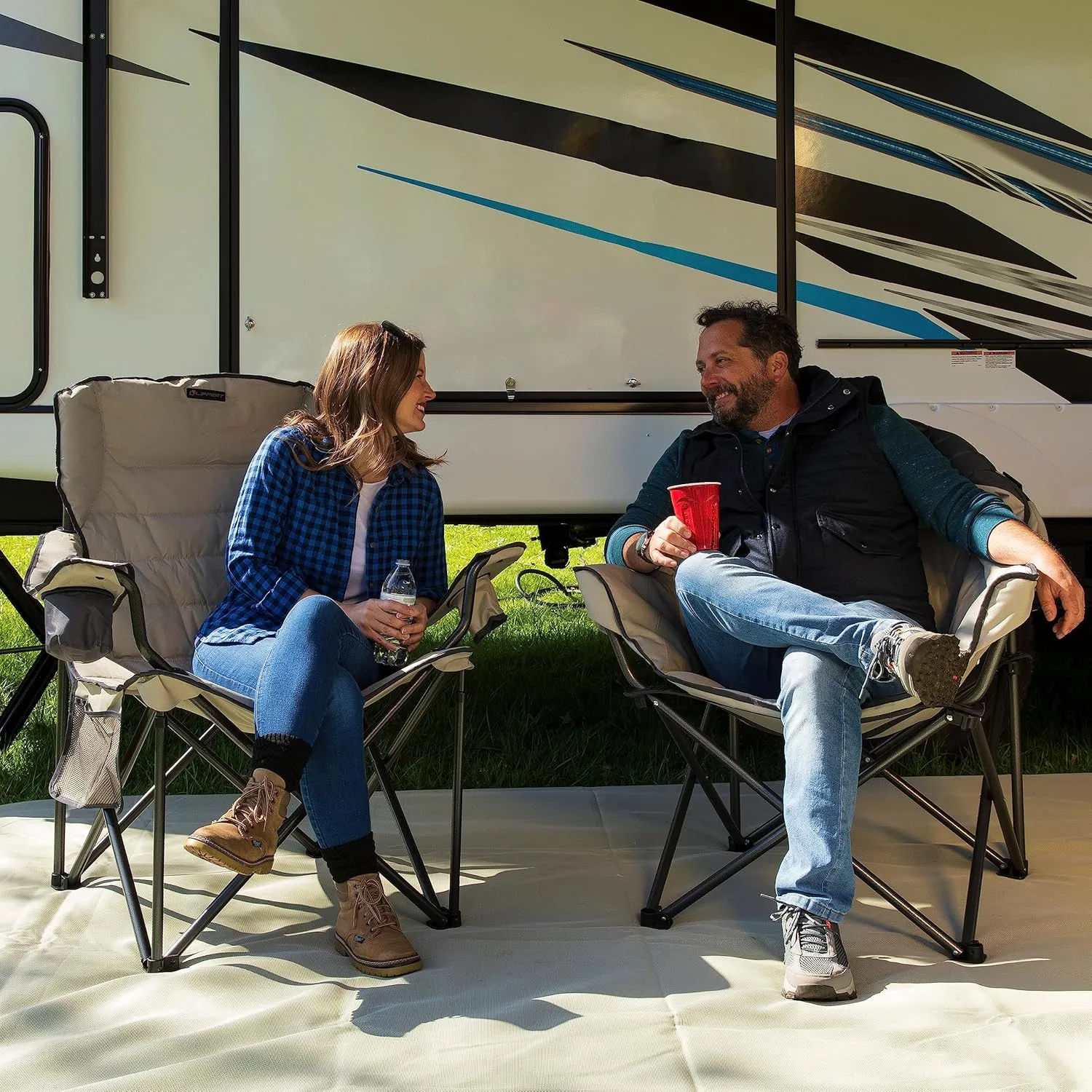 Lippert Campfire Deluxe Folding Chair - Sand, High-Loft, Foldable Cushion Chair, Dual Cup Holders, Power Coated Steel Frame, Durable 600D Outdoor Polyester Fabric, 500 lb. Capacity, 2022114819