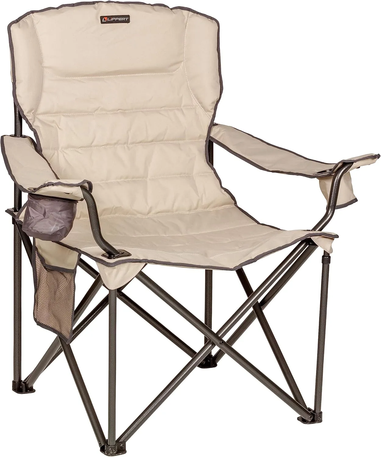 Lippert Campfire Deluxe Folding Chair - Sand, High-Loft, Foldable Cushion Chair, Dual Cup Holders, Power Coated Steel Frame, Durable 600D Outdoor Polyester Fabric, 500 lb. Capacity, 2022114819