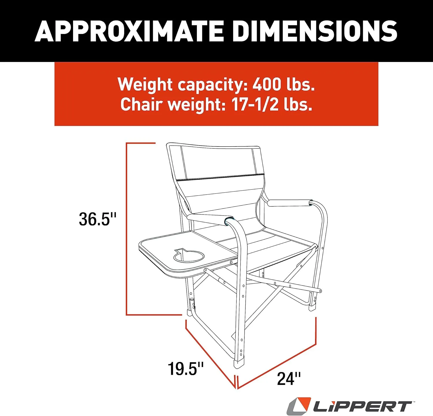 Lippert Scout Plus Director Chair with Side Table for Camping, Foldable, Steel Tube Frame, 600D Polyester, UV and Water Resistant PVC Coating, 400 lb. Weight Capacity, Dark Grey - 2021123280