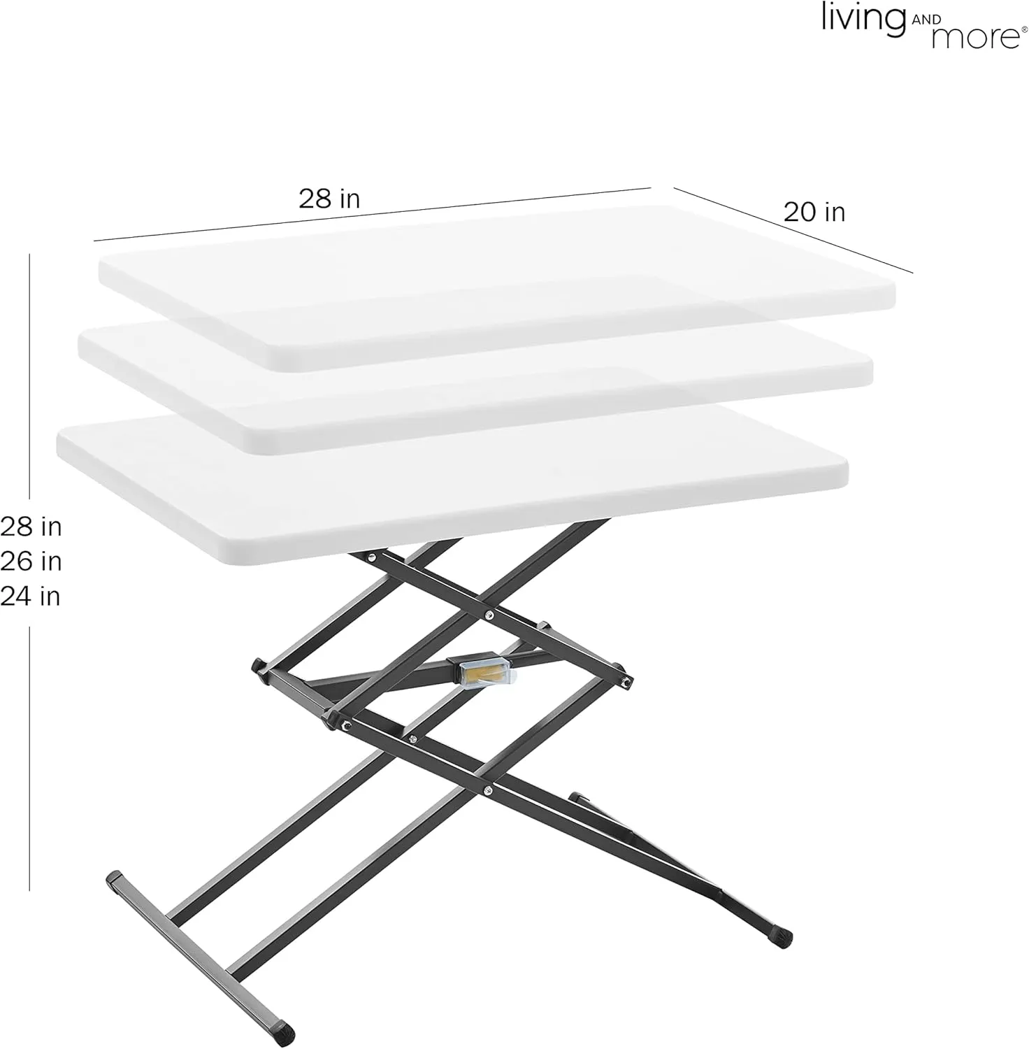 Living and More 28inch Height-Adjustable Personal Table, TV Tray, Portable Dinner Table, Multi-Purpose, Lightweight, No Assembly, Easy Fold and Storage, White