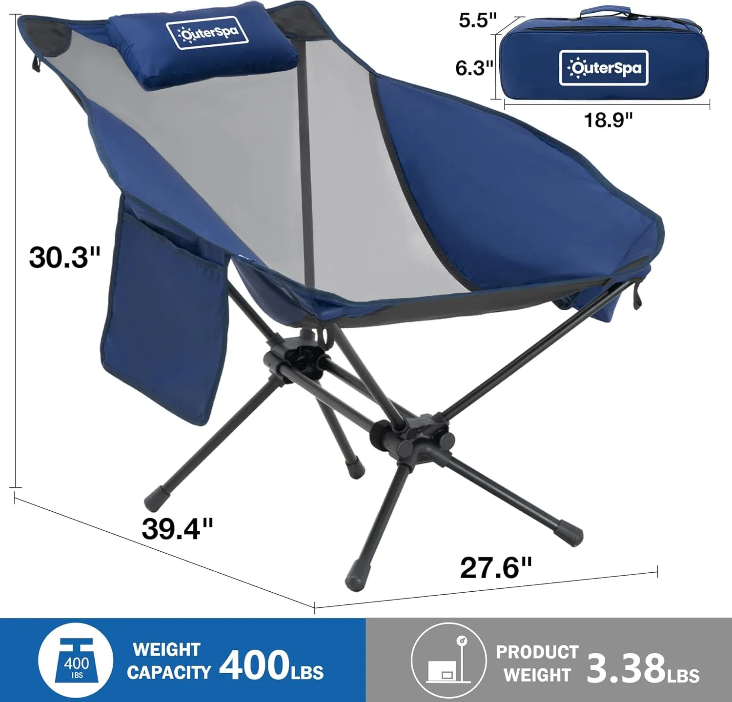 Lounge Camping Chair for Adults Aluminum Ultralight Camp Chair Reclining Comfortable Chair Mesh High Back Lawn Chair for Office,Sports,Camping,Hiking,Lawn,Picnic,Beach