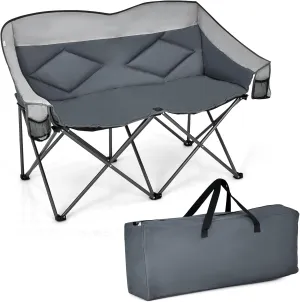 Loveseat Camping Chair, Double Folding Chair, Support 500 LBS, Heavy Duty for 2 Adults, Oversize Camp Seat with Storage Bags, Backrest, Padded Wide Camp Seat for Outside, Picnic, Beach (Grey)