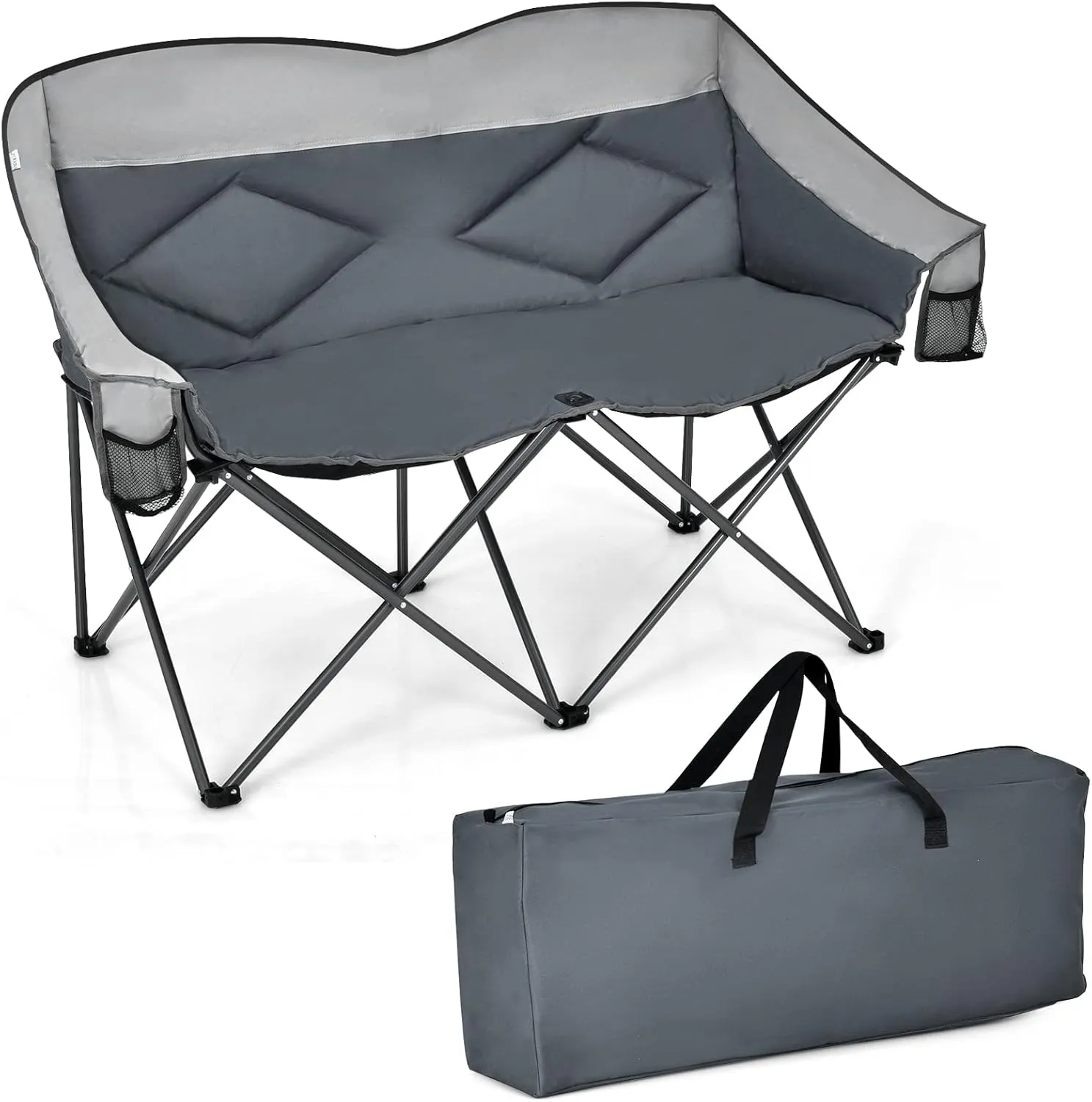 Loveseat Camping Chair, Double Folding Chair, Support 500 LBS, Heavy Duty for 2 Adults, Oversize Camp Seat with Storage Bags, Backrest, Padded Wide Camp Seat for Outside, Picnic, Beach (Grey)